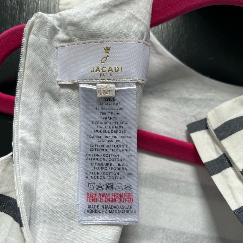 Jacadi Paris White And Navy Blue Striped Bow Dress, Size 8A. - Picture 7 of 9